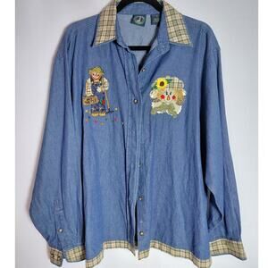 Lighthouse Apparel Embroidered Denim Shirt Blue Solid Long Sleeve Women Size L